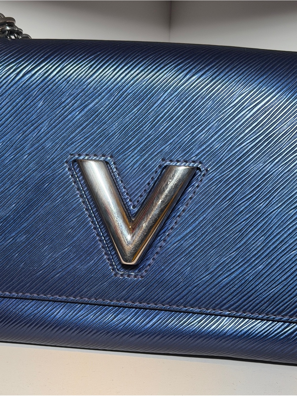 Louis Vuitton Metallic Navy Shoulder Bag with Silver V- With COA
